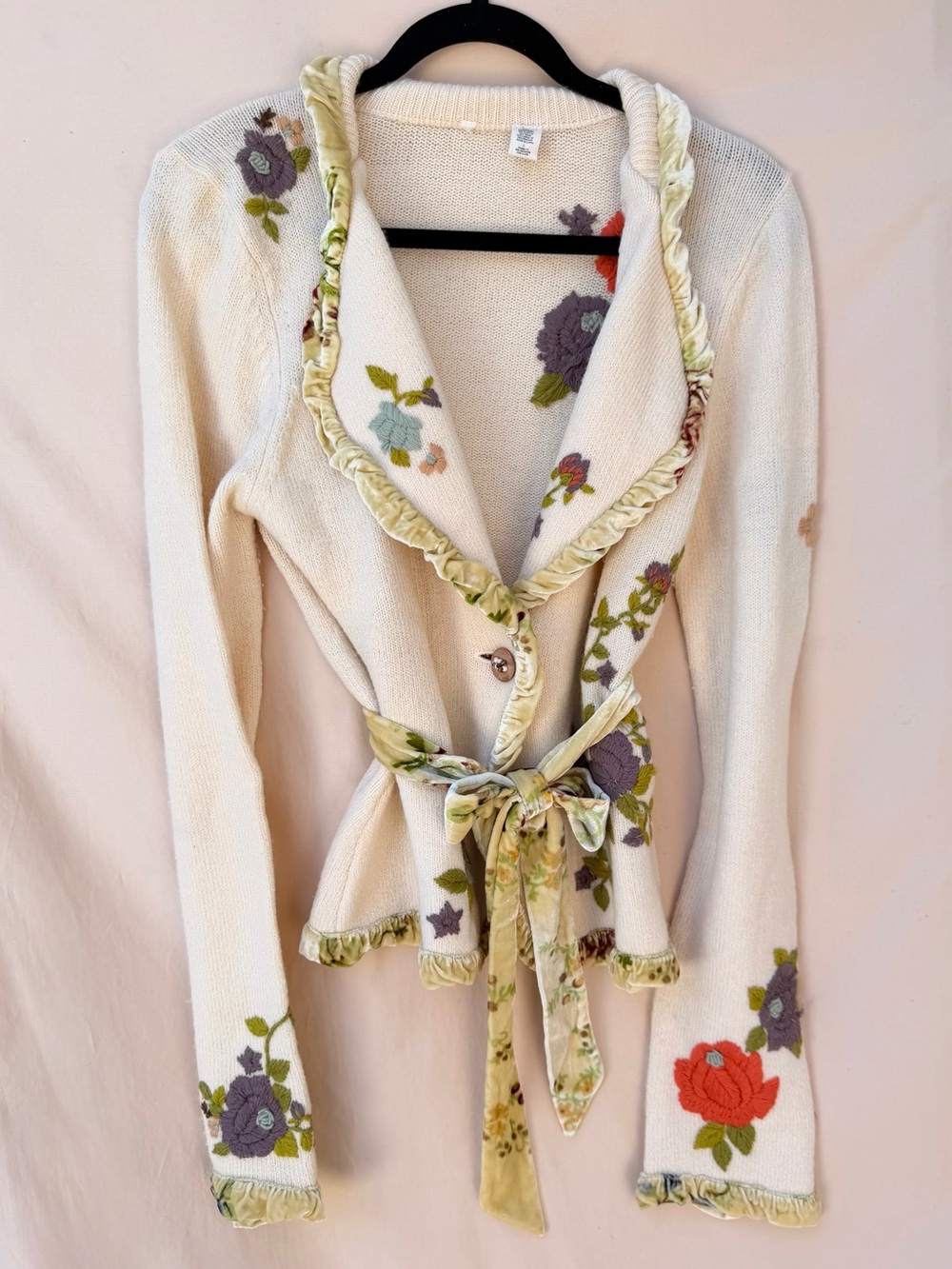 Anthropologie Moth Merino Wool Cardigan Floral Embroidered Ruffle Tie L